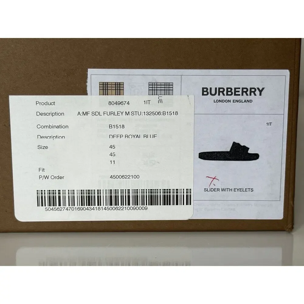 NIB $420 Burberry Eyelet Men’s Furley Royal Blue Slide Sandals 12 US 8049674 IT